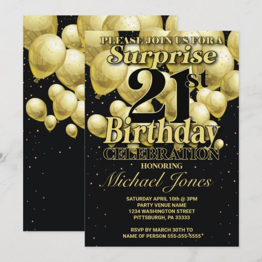 21e verjaardag gouden ballonnen kaart (Voorkant / Achterkant)