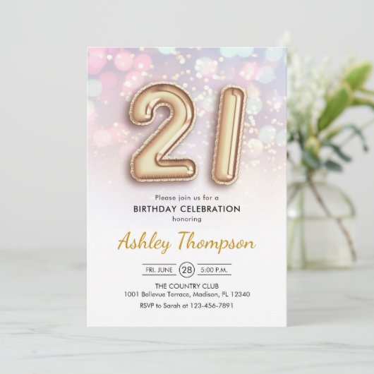 21e verjaardag - Gouden ballonnen Roze Lichten Kaart (Staand voorkant)