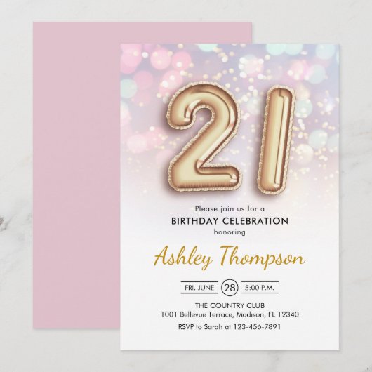 21e verjaardag - Gouden ballonnen Roze Lichten Kaart (Voorkant / Achterkant)