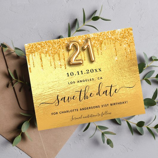 21e verjaardag gouden glitter budget save the date flyer