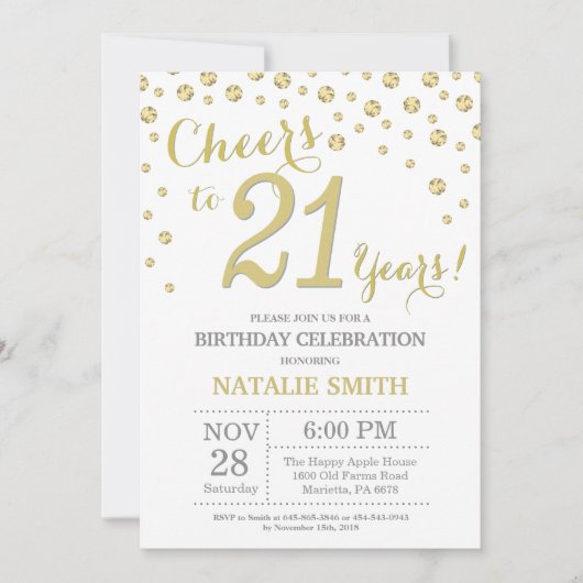 21e verjaardag Gouden Glitter Diamond uitnodiging (Voorkant)