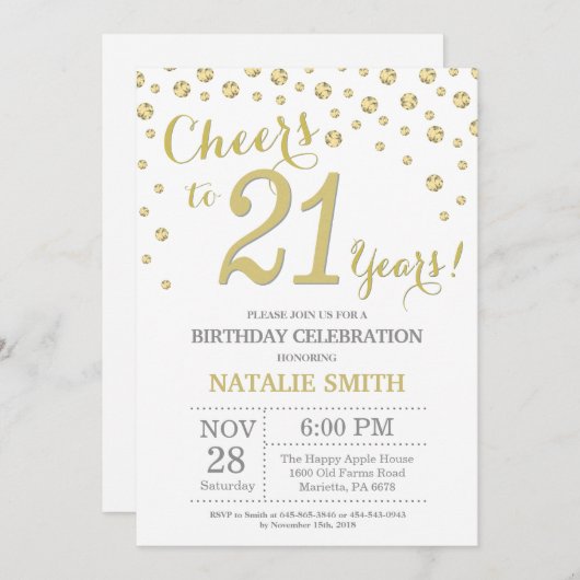 21e verjaardag Gouden Glitter Diamond uitnodiging (Voorkant / Achterkant)