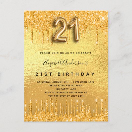 21e verjaardag gouden glitter druppels uitnodiging briefkaart (Voorkant)