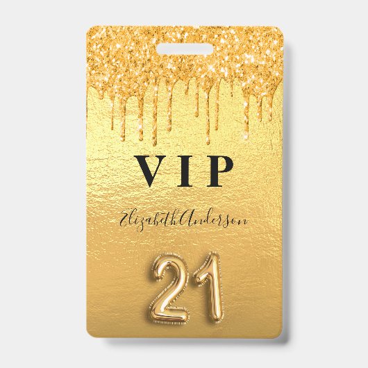 21e verjaardag gouden glitters druppels VIP-feest Badge (Voorzijde)