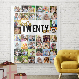 21e Verjaardag Hallo Eenentwintig 40 Foto Collage Wandkleed