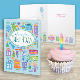 21e verjaardag heldere pasta-pictogrammen op blauw kaart