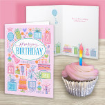 21e verjaardag heldere pasta-pictogrammen op roze  kaart<br><div class="desc">Een fel pastelvrouwtje verjaardagskaart voor een 21e verjaardag vol van elke dag voor een viering. De koeken,  de cadeaus,  de ballon,  de bloemen,  en de partijpetten vullen de kaart op een roze achtergrond en vormen ook de bodemgrens aan de binnenkant van de kaart.</div>