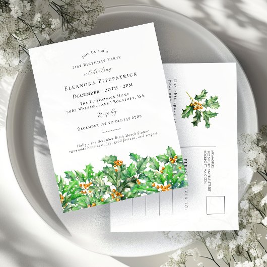 21e Verjaardag Holly December Geboortemaand Bloem\ Uitnodiging Briefkaart