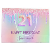 21e verjaardag holografische roze paarse druppels groot cadeauzakje (Achterkant)