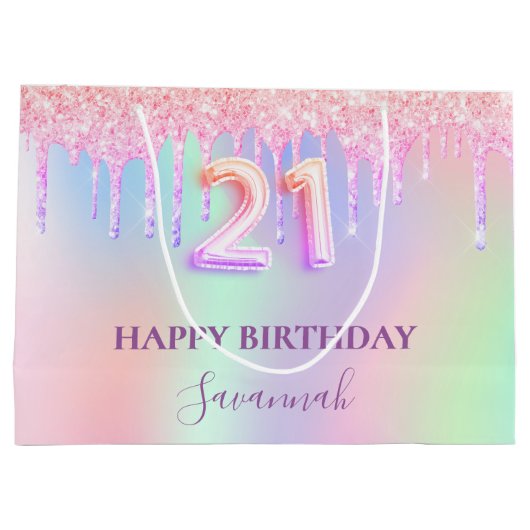 21e verjaardag holografische roze paarse druppels groot cadeauzakje (Achterkant)