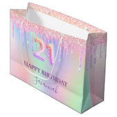 21e verjaardag holografische roze paarse druppels groot cadeauzakje (Voorkant Gekanteld)