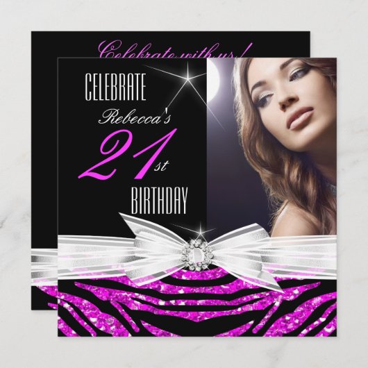 21e verjaardag Hot Pink 21 Zebra Foto 3 Kaart (Voorkant / Achterkant)