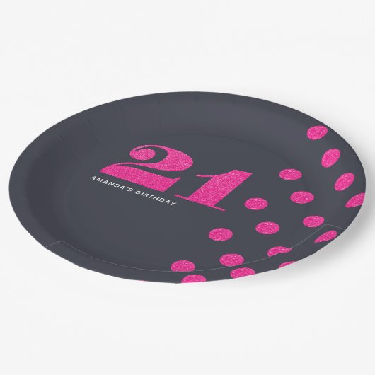 21e verjaardag Hot-roze glitter gepersonaliseerd Papieren Bordje (Gekanteld)