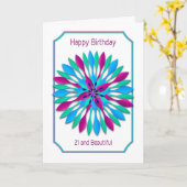 21e verjaardag, kleurrijk blauw, Paarse, Blauwgroe Kaart (Gele Bloem)