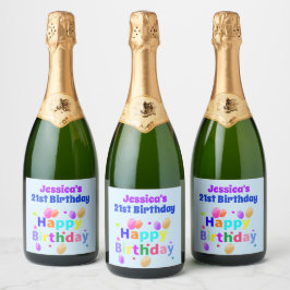 21e Verjaardag Kleurrijke Ballonnen Gefeliciteerd  Sparkling Wijnetiket