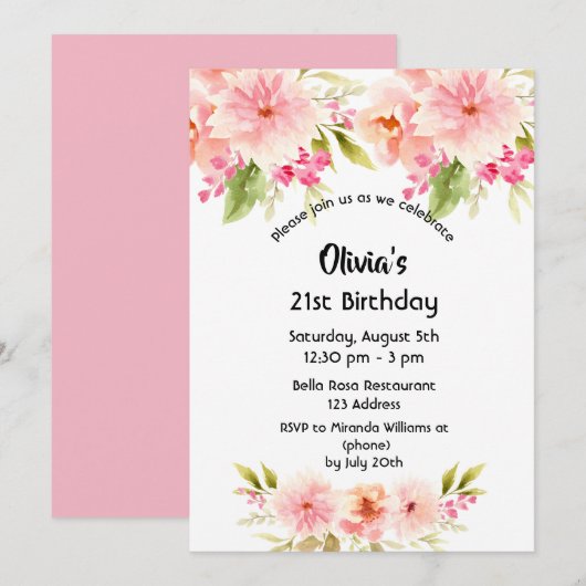 21e verjaardag koraal dahlia bloemen pastelroze kaart (Voorkant / Achterkant)