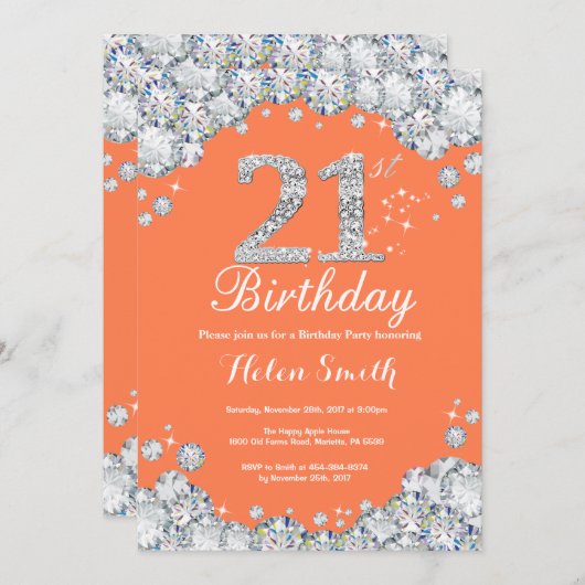 21e verjaardag Koraal en Zilveren Diamant Kaart (Voorkant / Achterkant)