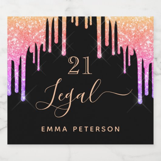 21e verjaardag Legale zwarte roze gouden druppels Sparkling Wijnetiket (Enkel label)