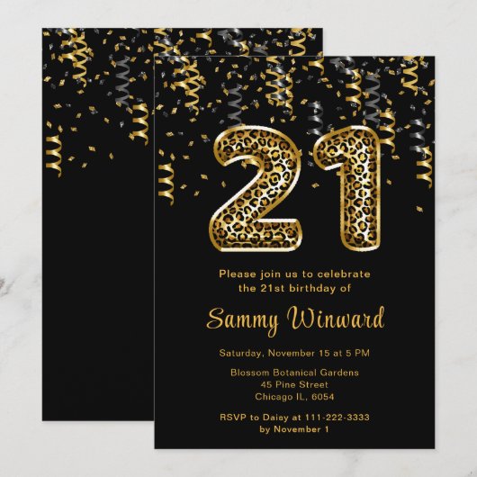 21e verjaardag Leopard Print Ballonnen met Confett Kaart (Voorkant / Achterkant)