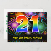 21e verjaardag – Leuke vuurwerkpatroon + Regenboog Briefkaart (Voorkant / Achterkant)