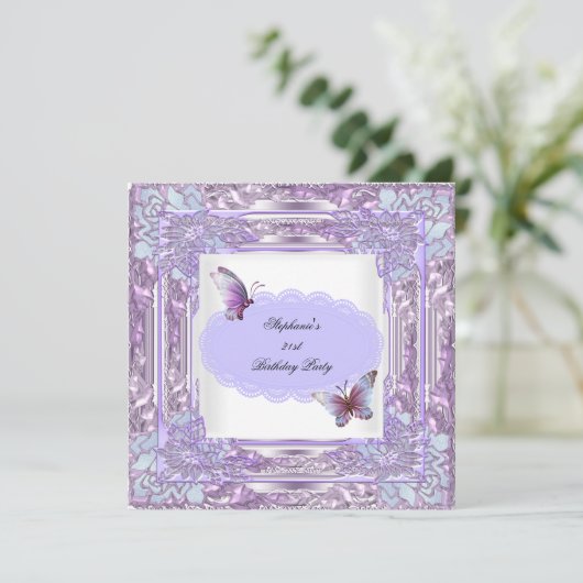 21e verjaardag Lila witte vlinder Kaart (Staand voorkant)
