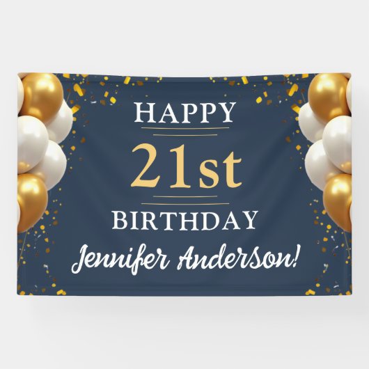 21e verjaardag marine blauw en goud viering spandoek (Horizontaal)