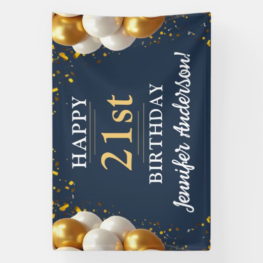 21e verjaardag marine blauw en goud viering spandoek (Verticaal)