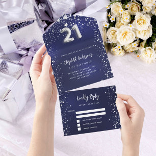 21e Verjaardag marine blauw zilver sterren rsvp All In One Uitnodiging