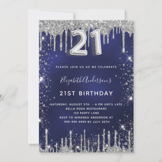 21e verjaardag marineblauw zilverglitter luxe kaart (Voorkant)