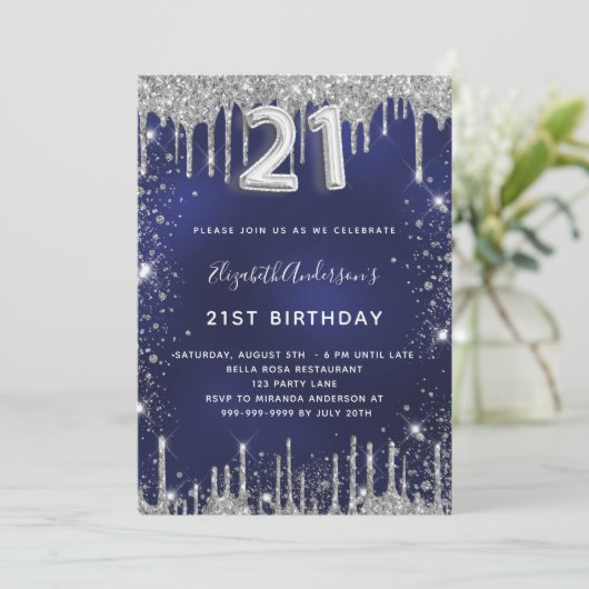 21e verjaardag marineblauw zilverglitter luxe kaart (Staand voorkant)