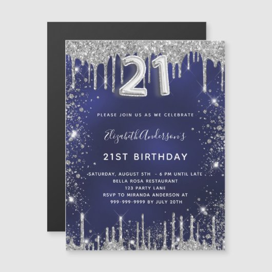 21e verjaardag marineblauw zilverglitter luxe magnetische uitnodiging (Voorkant / Achterkant)