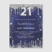 21e verjaardag marineblauw zilverglitter luxe magnetische uitnodiging (Voorkant)