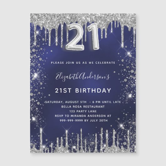 21e verjaardag marineblauw zilverglitter luxe magnetische uitnodiging (Voorkant)