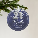 21e verjaardag marineblauwe zilveren sterren glas ornament<br><div class="desc">Een marineblauwe achtergrondkleur met faux zilveren sterren. De blauwe kleur is ongelijk. Jouw namen,  tekst/datum toevoegen</div>