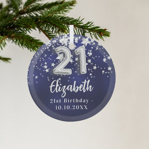 21e verjaardag marineblauwe zilveren sterren glas ornament