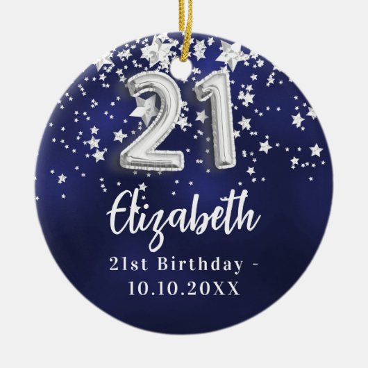 21e verjaardag marineblauwe zilveren sterren keramisch ornament (Voorkant)