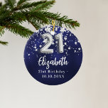 21e verjaardag marineblauwe zilveren sterren keramisch ornament<br><div class="desc">Een marineblauwe achtergrondkleur met faux zilveren sterren. De blauwe kleur is ongelijk. Jouw namen,  tekst/datum toevoegen</div>
