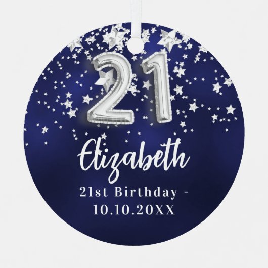 21e verjaardag marineblauwe zilveren sterren metalen ornament (Voorkant)
