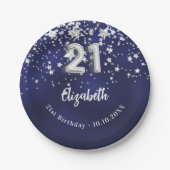 21e verjaardag marineblauwe zilveren sterren papieren bordje (Voorkant)
