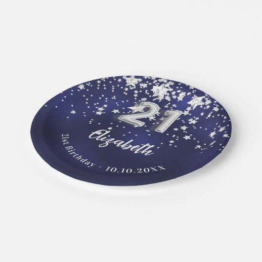 21e verjaardag marineblauwe zilveren sterren papieren bordje (Gekanteld)