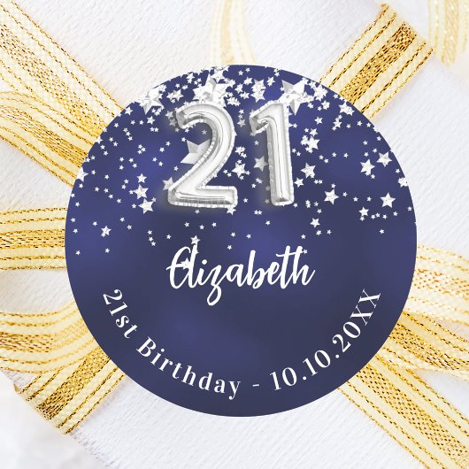 21e verjaardag marineblauwe zilveren sterren ronde sticker