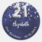 21e verjaardag marineblauwe zilveren sterren ronde sticker (Voorkant)
