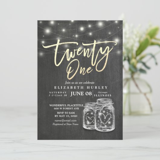 21e verjaardag Mason Jars String Lights Chalkboard Kaart (Staand voorkant)