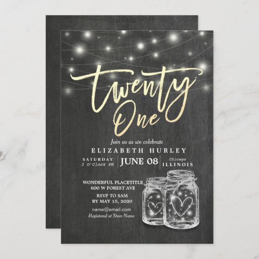 21e verjaardag Mason Jars String Lights Chalkboard Kaart (Voorkant / Achterkant)