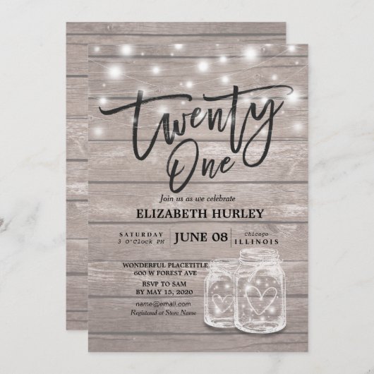 21e verjaardag Mason Jars String Lights Wood Kaart (Voorkant / Achterkant)