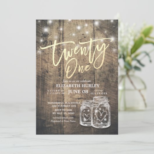 21e verjaardag Mason Jars String Lights Wood Kaart (Staand voorkant)
