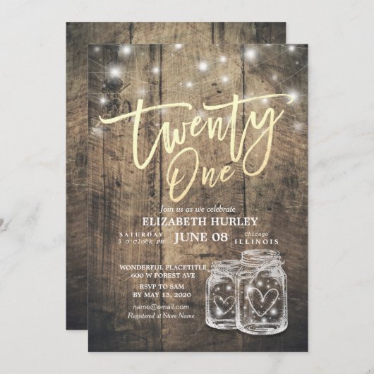 21e verjaardag Mason Jars String Lights Wood Kaart (Voorkant / Achterkant)