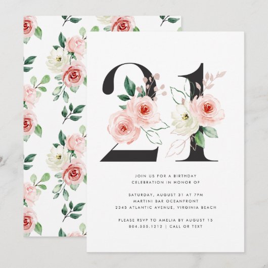 21e Verjaardag Modern Floral Roos Goud Groen Kaart (Voorkant / Achterkant)