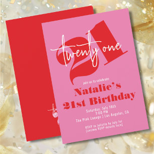 21e Verjaardag Modern Retro Roze Rood Typografie Kaart