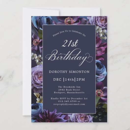 21e Verjaardag Moody Paarse Bloemenuitnodiging Kaart (Voorkant)